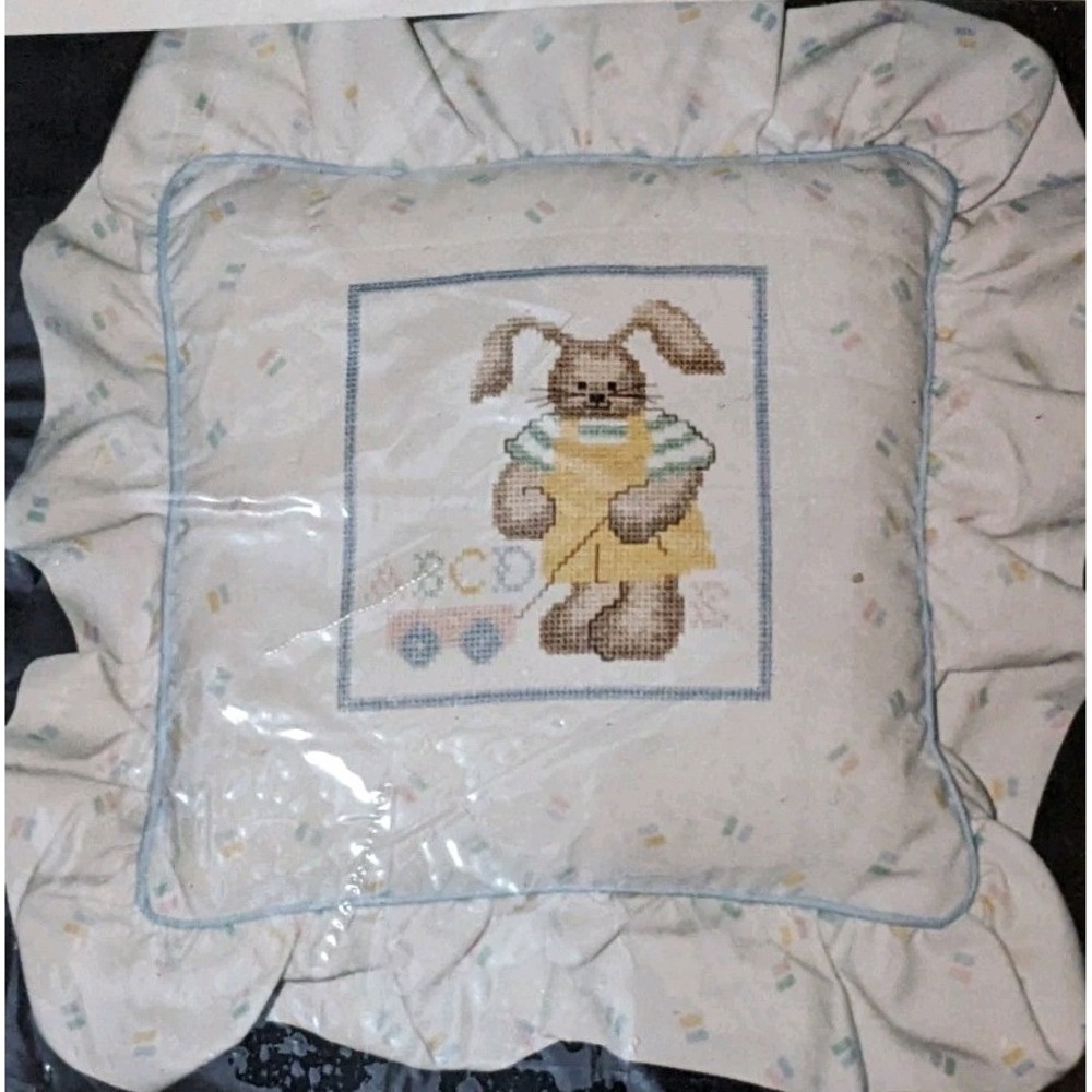 Vtg Janlynn Bunny Ruffle Pillow Counted Cross Stitch Kit Alphabet Children 1989